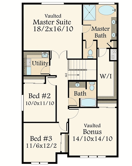 Second level floor plan of the 5BHK Fancy Modern Farmhouse with 2 bedrooms, master suite, utility room, bathroom, and vaulted bonus room.