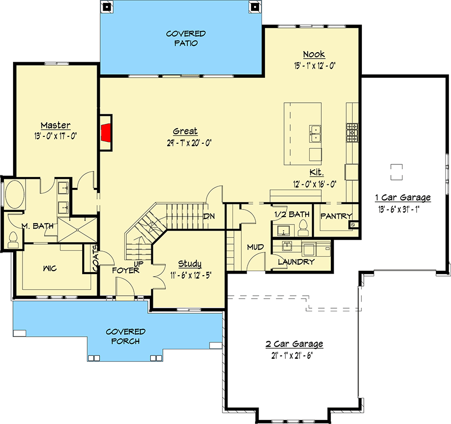 Main level floor plan of the Quirky Gambrel Roof Country House with a 3-car garage, covered porch, covered patio, nook, kitchen, greatroom, study room, mudroom, pantry, master bedroom, and laundry room. 