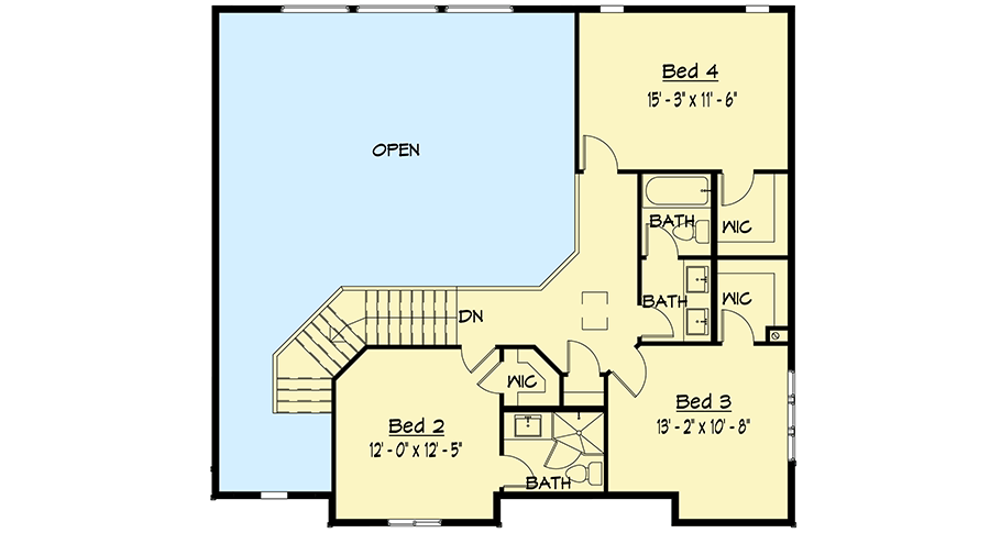 Second level floor plan of the Quirky Gambrel Roof Country House with 3 bedrooms and bathrooms.