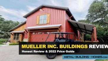 Red metal building manufactured by Mueller Inc. Building