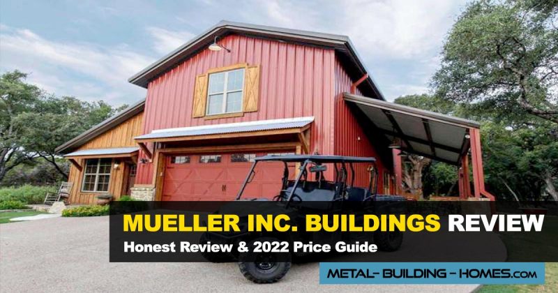 Red metal building manufactured by Mueller Inc. Building