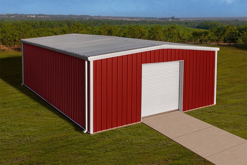 big red metal workshop building with roll up white doors and white metal rood by Mueller inc