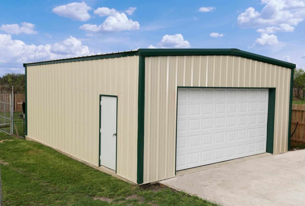 Standard white metal garage with green trim by Mueller Buildings for $10,095