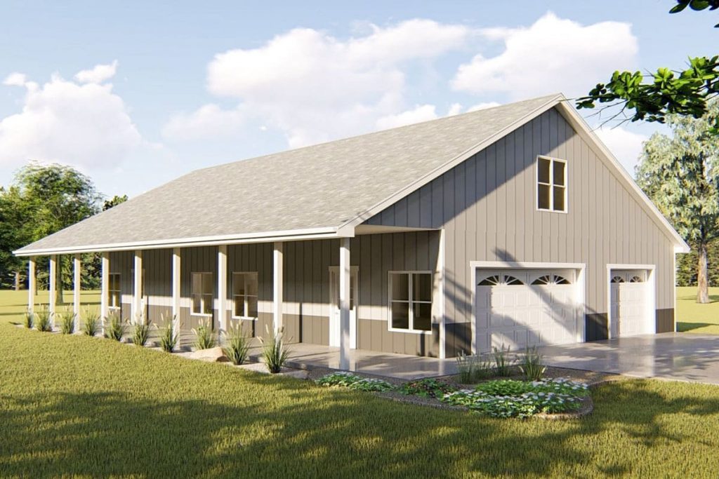 Front-right side view of the Cozy Pole Barn Home emphasizing the covered porch, and the 3-car garage.