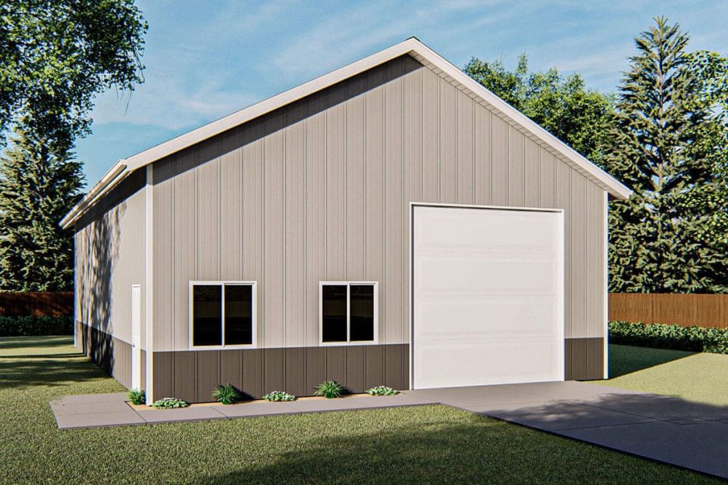 Front view of the Simple Detached Pole Barn Garage showcasing the garage door.