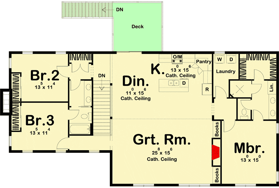 Second level plan of the Spacious Post Frame Barndominium with great room, main bedroom, dining area, kitchen, and two bedrooms.