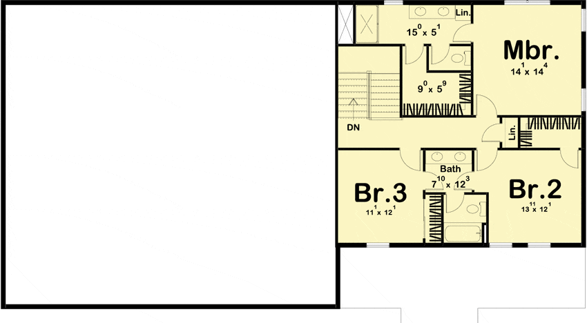 Second level floor plan of the Carriage Style Barndominium with the main bedroom and two regular bedrooms.