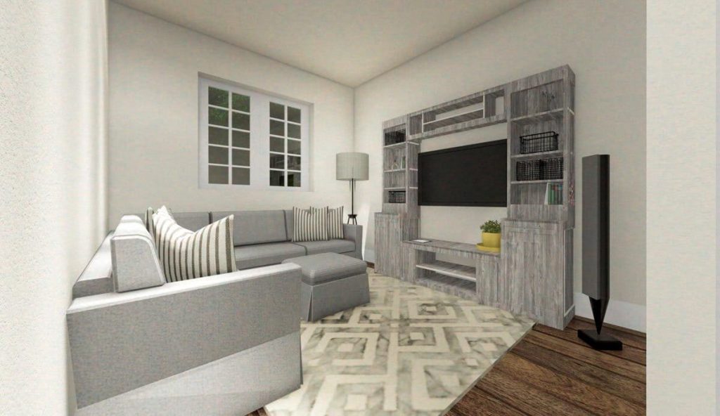 Living room with light grey sofa, wooden shelf, and wall-mounted tv.