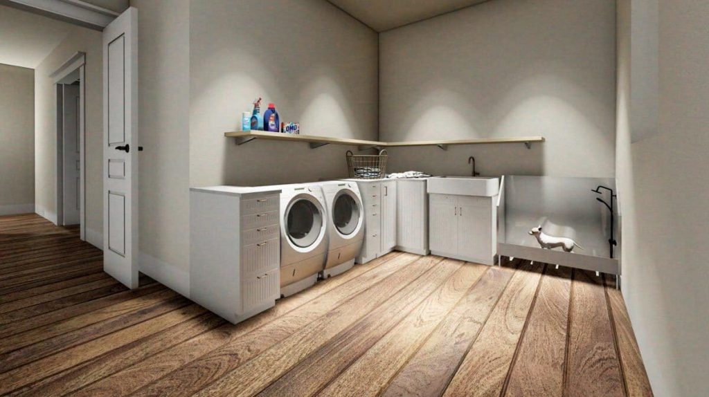 Utility room with laundry appliances, shelves, and pet washing area.