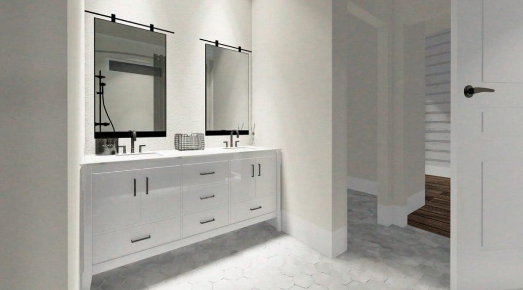 Bathroom vanities with two wall-mounted mirrors.