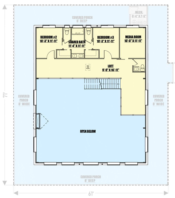 Second level floor plan of the Elegant Mountain Barndo with loft, media room, bedrooms #2 and #3, and a shared bathroom.
