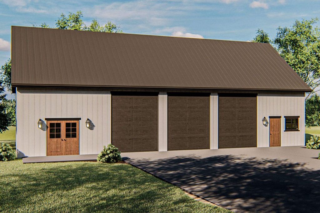 The front view of the Detached 3-car Pole Barn Garage showcasing the doors and garage entrances.