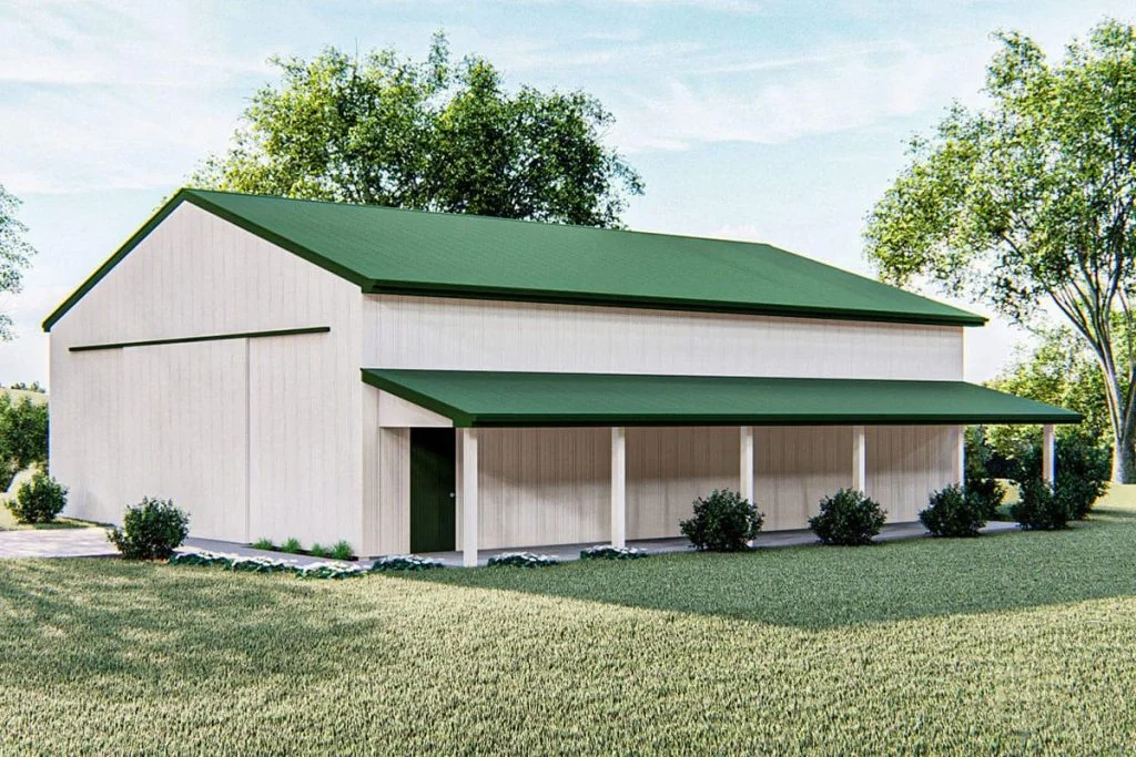 Front view of the Standalone 4-vehicle Pole Barn Garage showcasing the covered porch and the entrance.