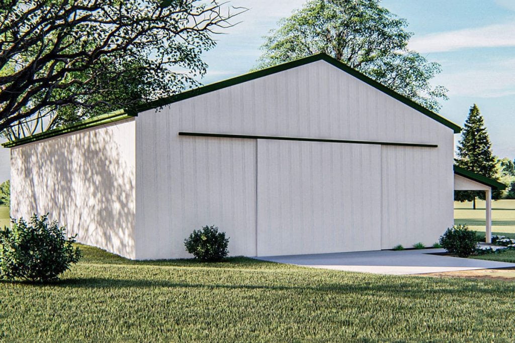 Rear-left view of the Standalone 4-vehicle Pole Barn Garage showcasing the garage entrance.