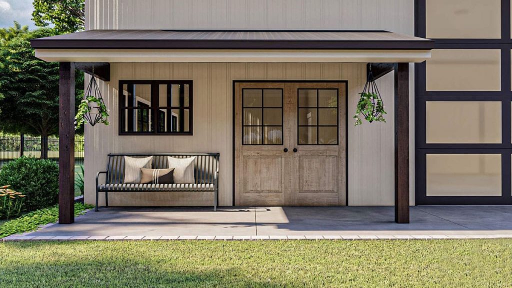 Left patio of the Spacious 4-Car Pole Barn Garage with double doors, bench, with hanging plants.