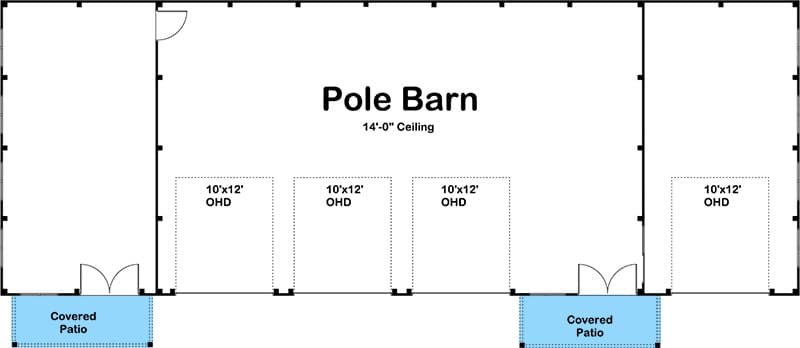 Main level floor plan of the Spacious 4-Car Pole Barn Garage with covered patio.