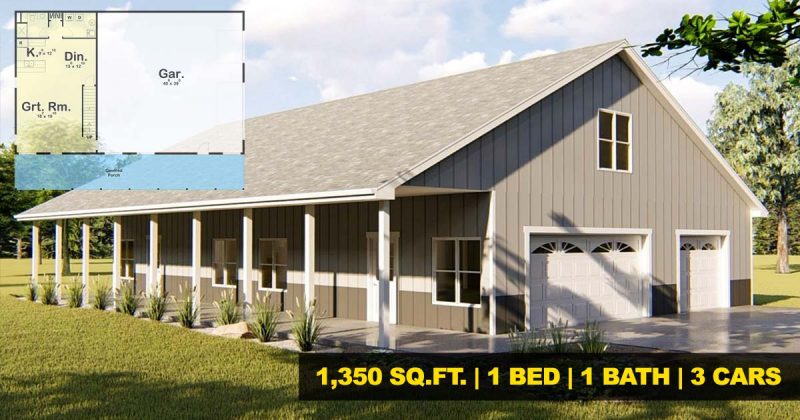 Front-right side view of the Cozy Pole Barn Home emphasizing the covered porch, and the 3-car garage.
