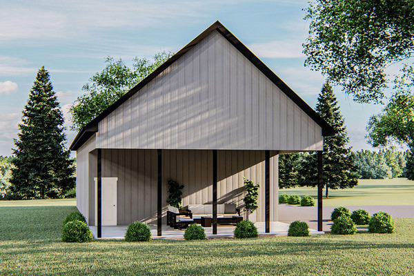Right side view of the Impressive 3-car Pole Barn Garage showcasing the covered patio with sofa and armchair.