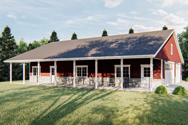 Left view of the Engaging 6-car Pole Barn Garage showcasing the covered porch.