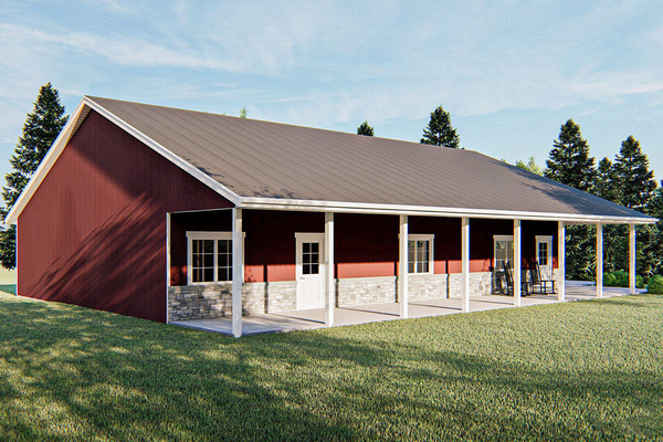 A pole barn with a simplistic gable roof design