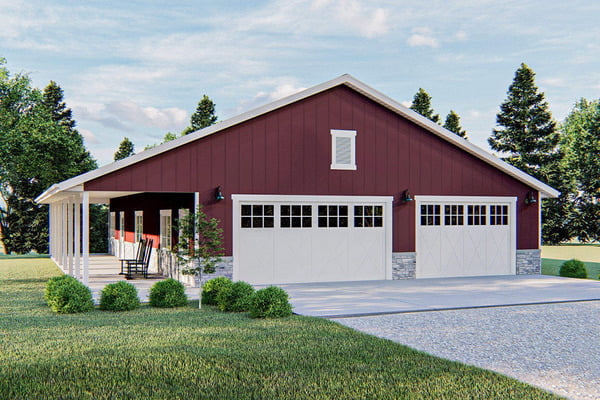 Front view of the Engaging 6-car Pole Barn Garage showcasing the garage doors.