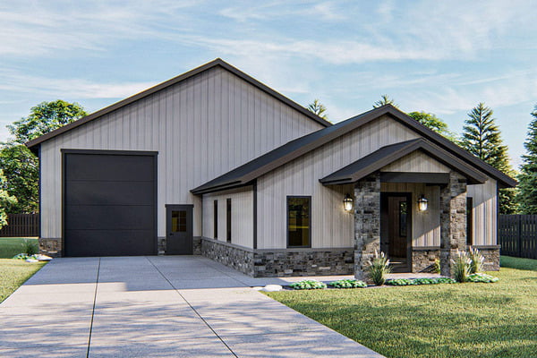 The facade of the Pleasant 2-Carport RV Garage with Home Office showcasing the entrances to the office and garage.