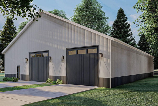 Front-right view of the Huge 6-vehicle Pole Barn Garage showcasing the black garage doors.