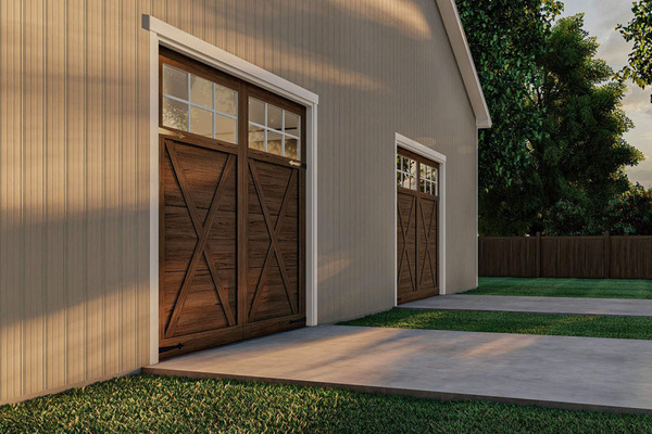 Wooden garage doors with clear pathways.