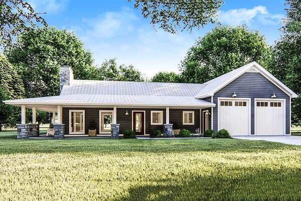 Front view of the Impressive 1BHK Ranch Barndominium showcasing the wrap-around porch that is supported with wooden columns with a stone base, and the white garage doors.
