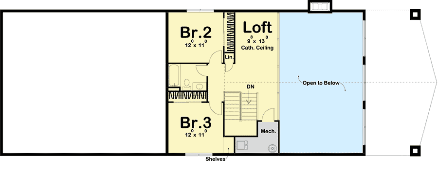 Second level floor plan of the Enchanting Contemporary Barndominum with a mech room, loft, and two bedrooms.