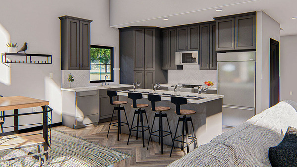 The kitchen, equipped with an island bar, dark cabinetry, and stainless steel appliances. 
