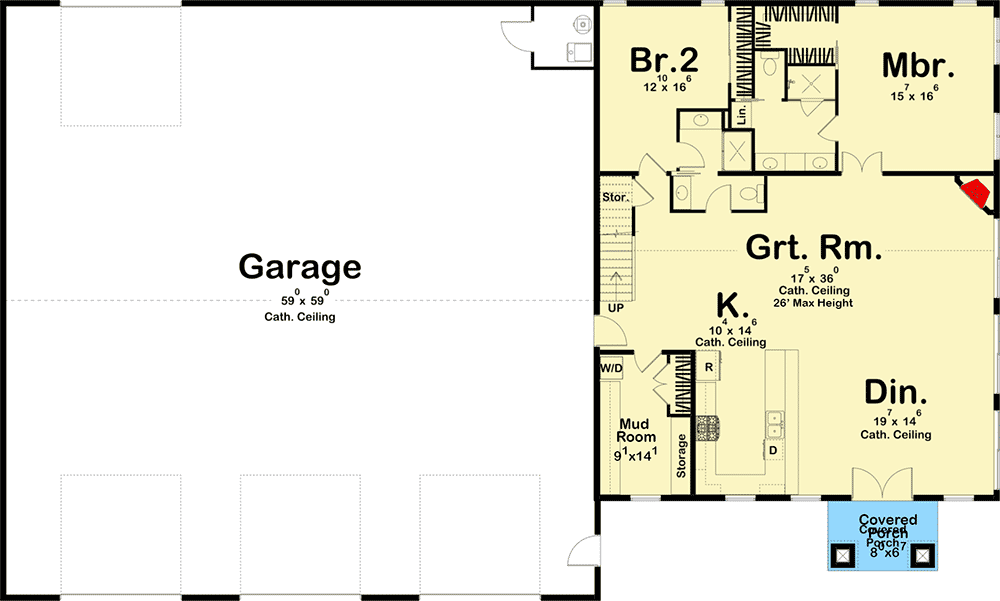 Main level floor plan of the Lavish 4BHK Barndominium with 4-car garage, covered porch, dining area, kitchen, great room, mud room, bedroom, and main bedroom.