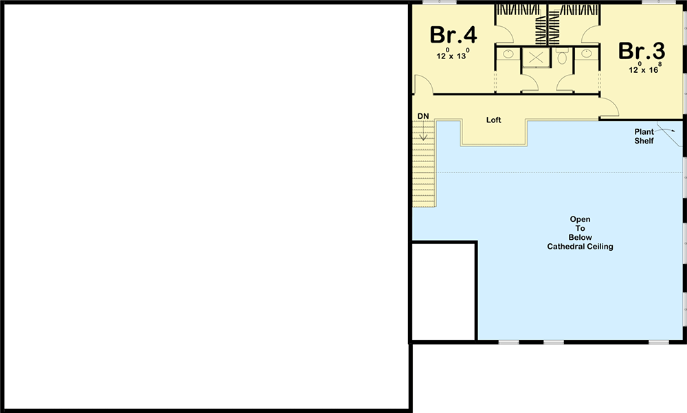 Second level floor plan of the Lavish 4BHK Barndominium with loft and two bedrooms.
