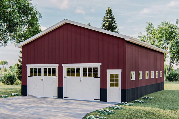 Angled front right view of the minimalist 4-car barn garage
