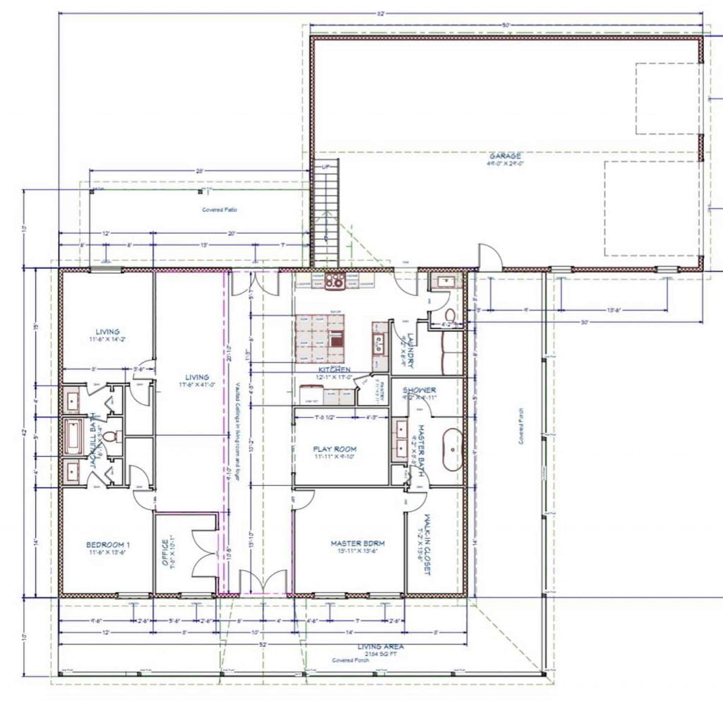 Main level floor plan of Brandon's Adorable Gray Country Barndominium with living area, garage, patio, playroom, walk-in closet, bedroom, master bath, master bedroom, and office.