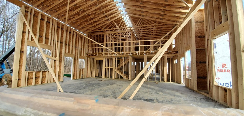 Wooden frame for a barndominium construction