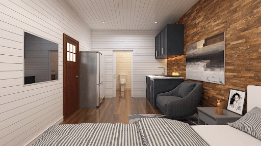 The interior of a studio unit from Custom Container Living.