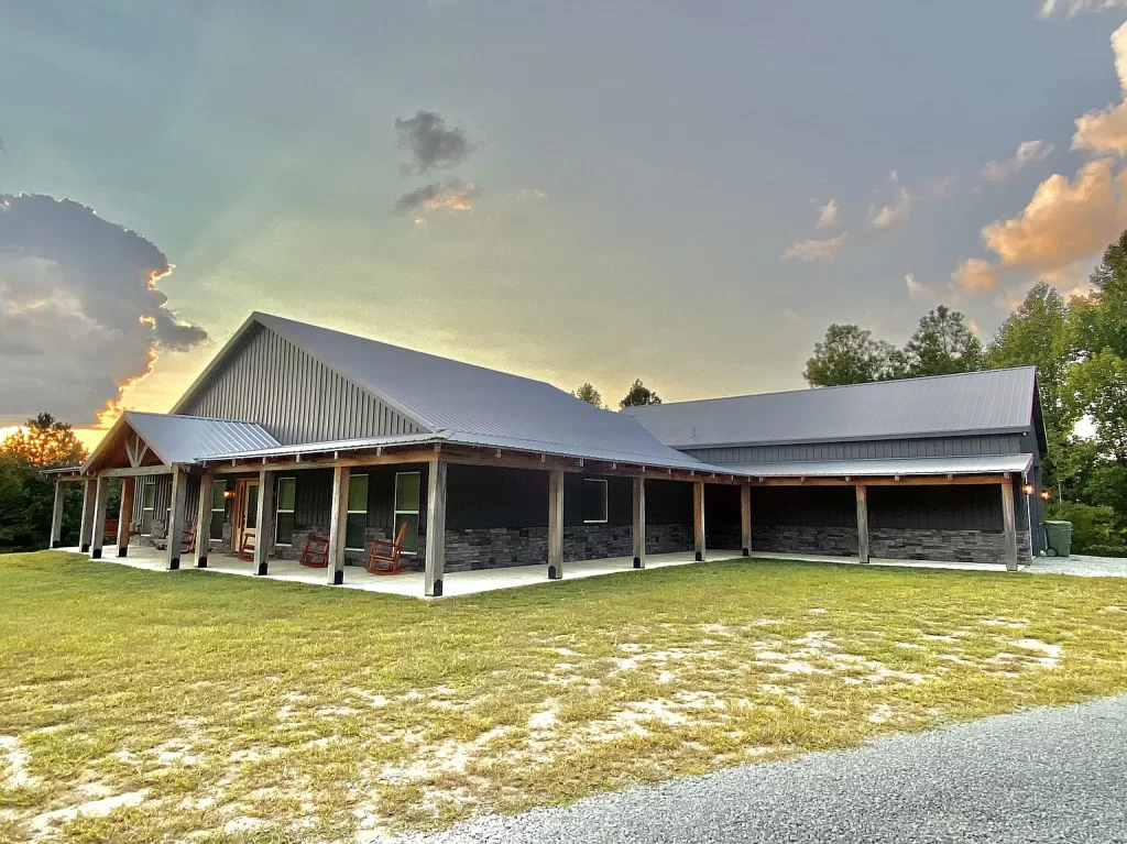 Front-right view of Brandon's Adorable Gray Country Barndominium.