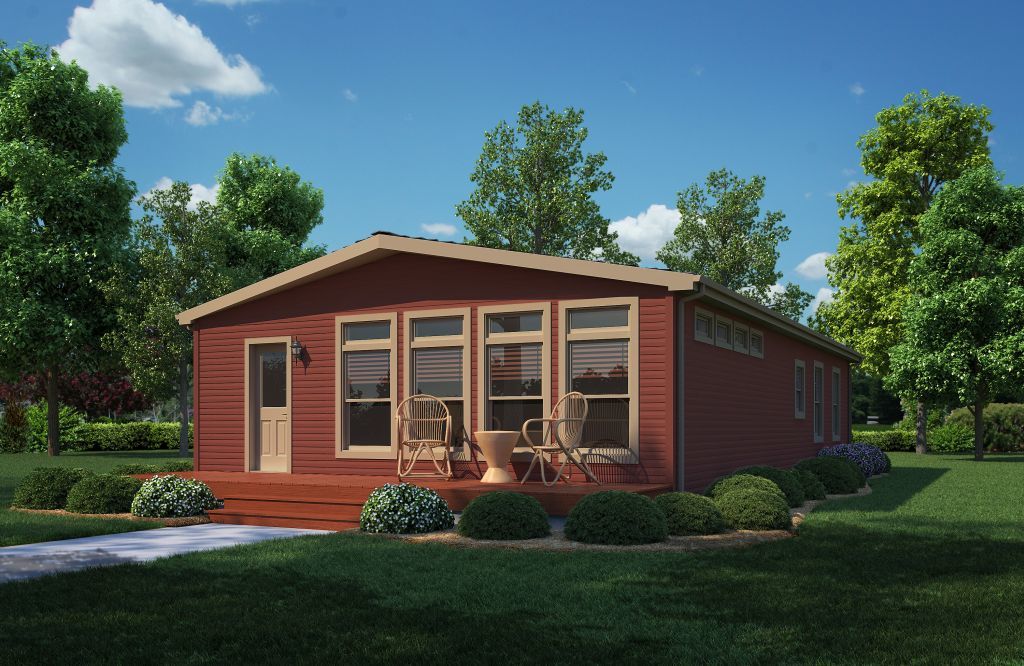 A warm and inviting single-story wooden maroon home with large glass windows, set against a lush backdrop of beautiful trees. A stone pathway leads up to the entrance, featuring a small staircase and a cozy seating area with two chairs and a mini table.