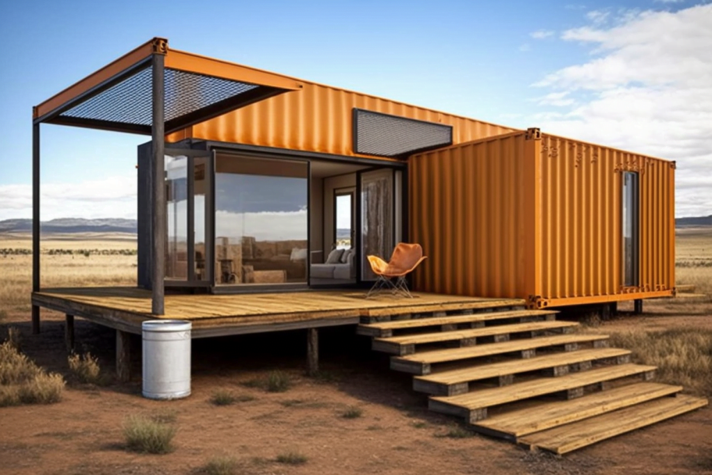 orange shipping container home with porch