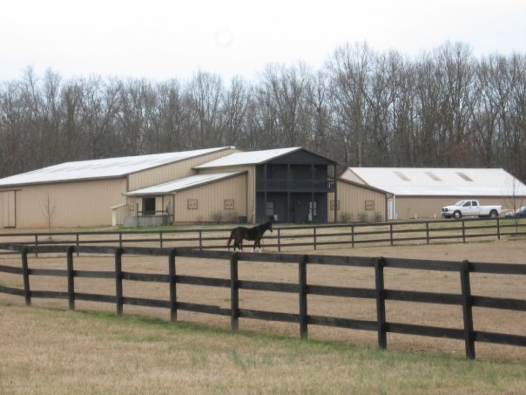 An image showcasing a white metal horse barn situated in a wide, open space. The barn has a rectangular shape with a peaked roof, and its exterior is composed of metal panels. The front of the barn features two large doors that can be opened to allow horses to enter and exit, and several smaller windows are scattered throughout the structure. The barn is surrounded by a fenced area that is covered in green grass, and there are a few trees in the distance. A clear blue sky forms the background of the image