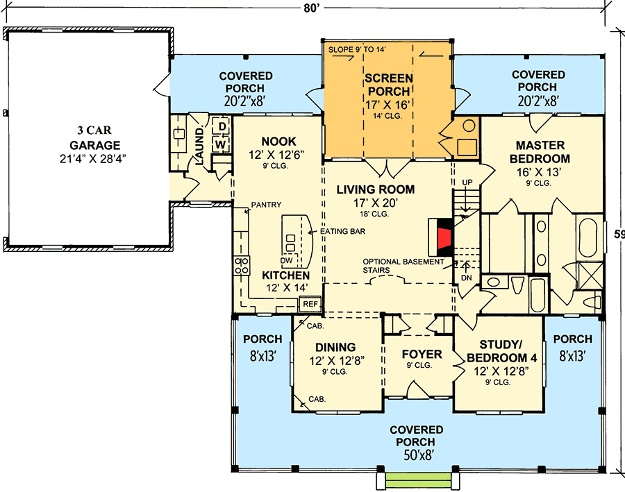 First-floor plan of the 4-bedroom 2-story Farmhouse with a covered porch, foyer, dining room, living room, kitchen, screened porch, 3-car garage, nook, laundry room, and 3 bedrooms.