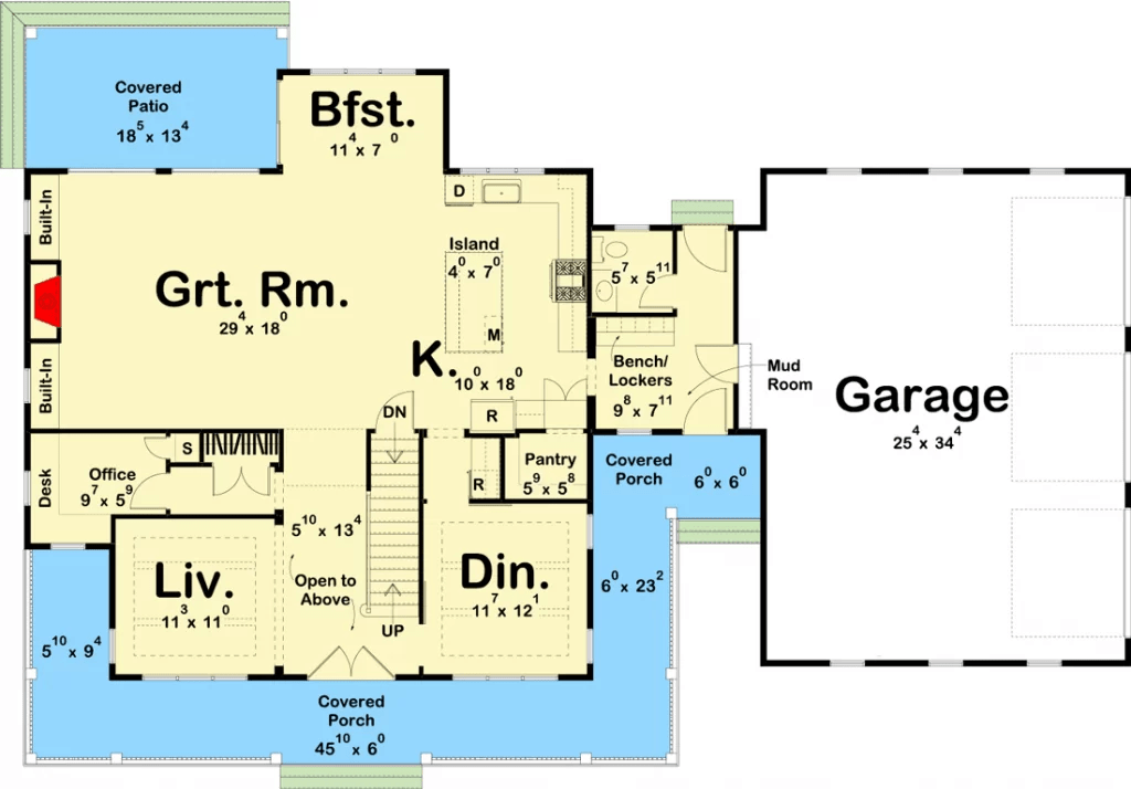 First-floor plan of the 4-bedroom 2-story barn-style House with a covered patio, great room, breakfast area, kitche, dining area, living room, office, covered porch, and a 3-car garage.