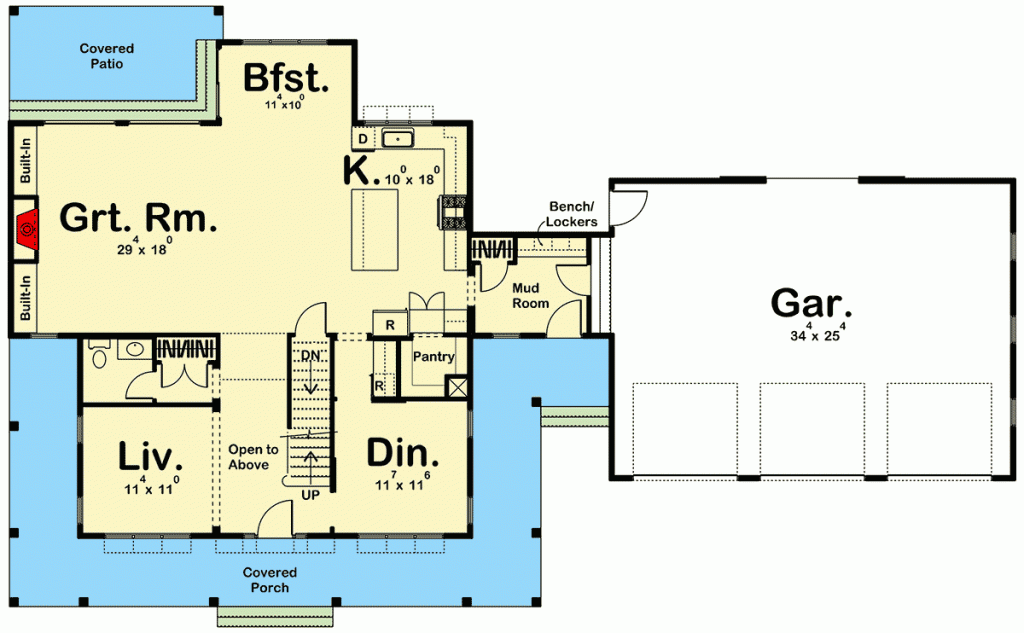First-floor-plan with 4 bedrooms, 3.5 bathroom 2-story House covered patio, great room, living area, dining area, kitchen, pantry, mud room, garage and covered porch
