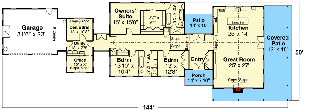 First level floor plan of the Dense Modern Style Farmhouse with covered patio, porch, great room, kitchen, utility room, office, 3 bedrooms, and the owners' suite.