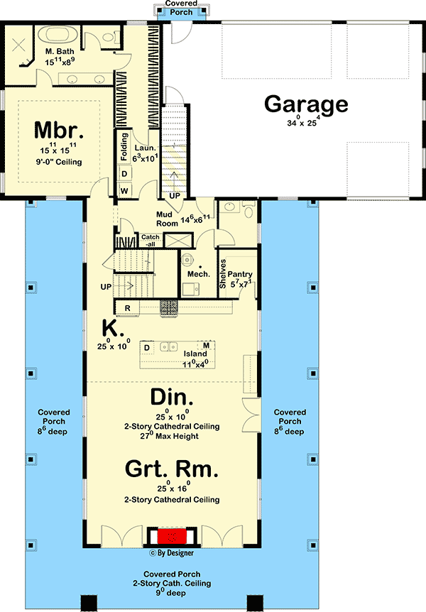First-floor-plan with great room, dining area, kitchen, pantry, mudroom, master bedroom, master bathroom and the garage
