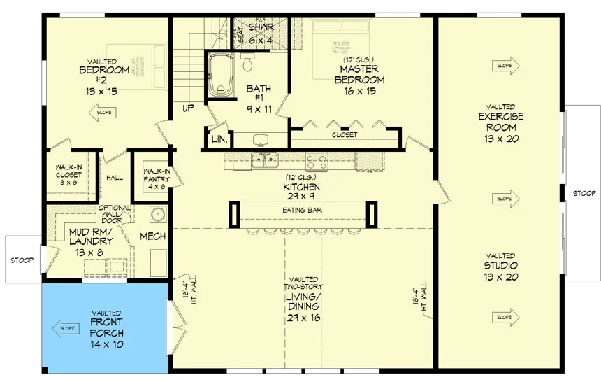 First level floor plan of the 2,534 sq. ft. Grand Barndominium with front porch, living room/dining room, kitchen, mudroom/laundry room, exercise room, studio, bedroom, and master bedroom.