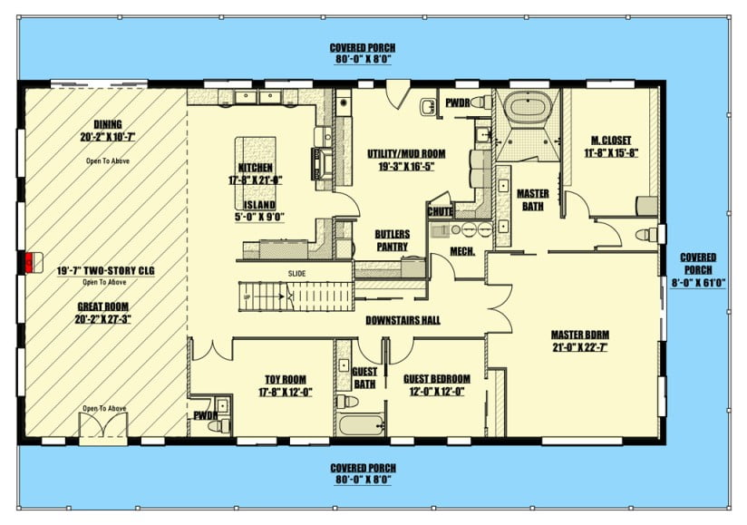 Main Floor Plan Exclusive Barndominium Plan with Wraparound Porch