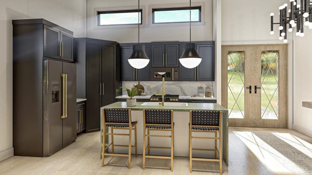 An elegant kitchen featuring a sleek marble countertop adorned with a beautiful black cabinet. 
