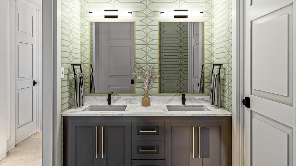 The view of a bathroom sink with a two-mirror and a cabinet with two doors